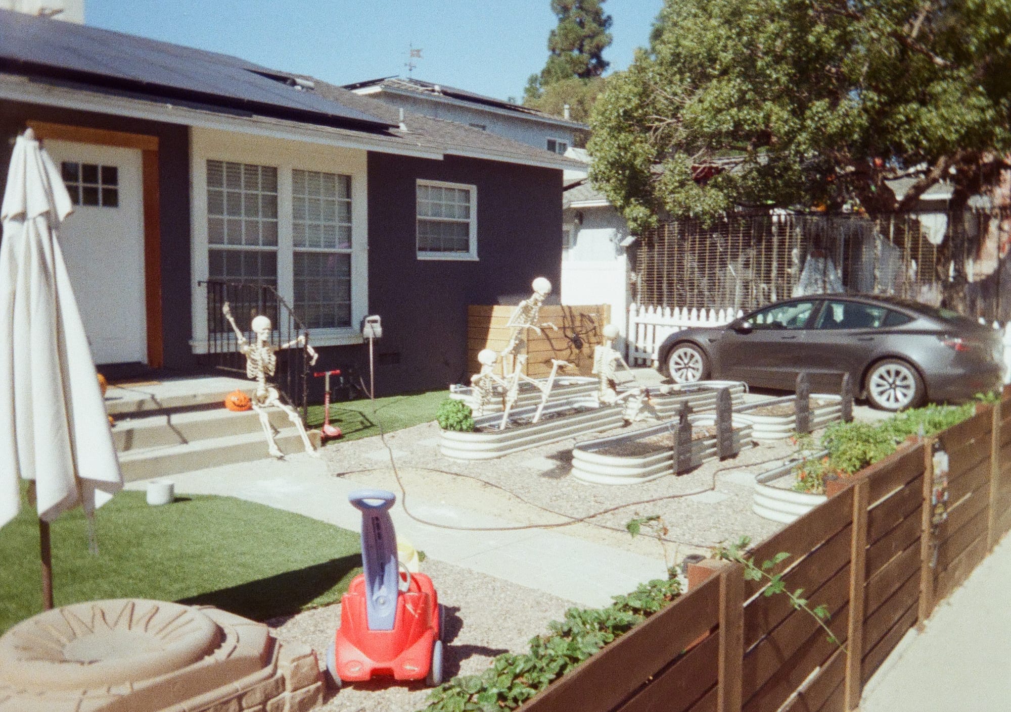 More skeletons in front of a house, this time doing container gardening.