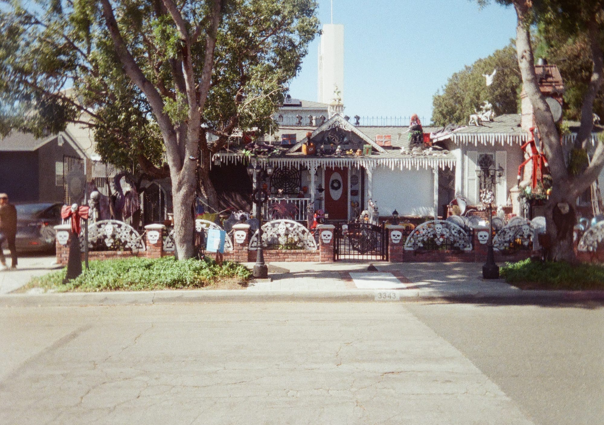 a busy bunch of Nightmare Before Christmas figures and skulls in front of a house