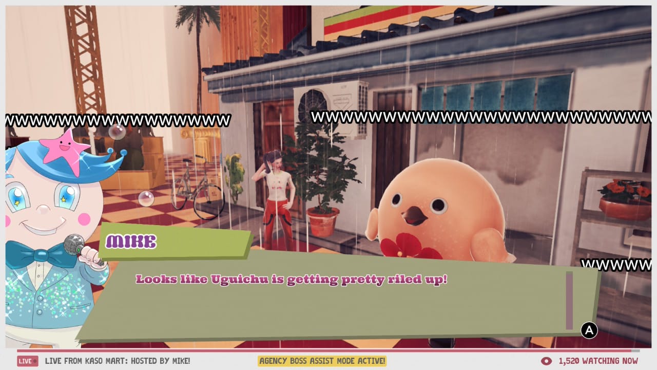A big pinkish chick shaped mascot on an in-game "livestream" with the host's caption over it reading "Looks like Uguichu is getting pretty riled up!"
