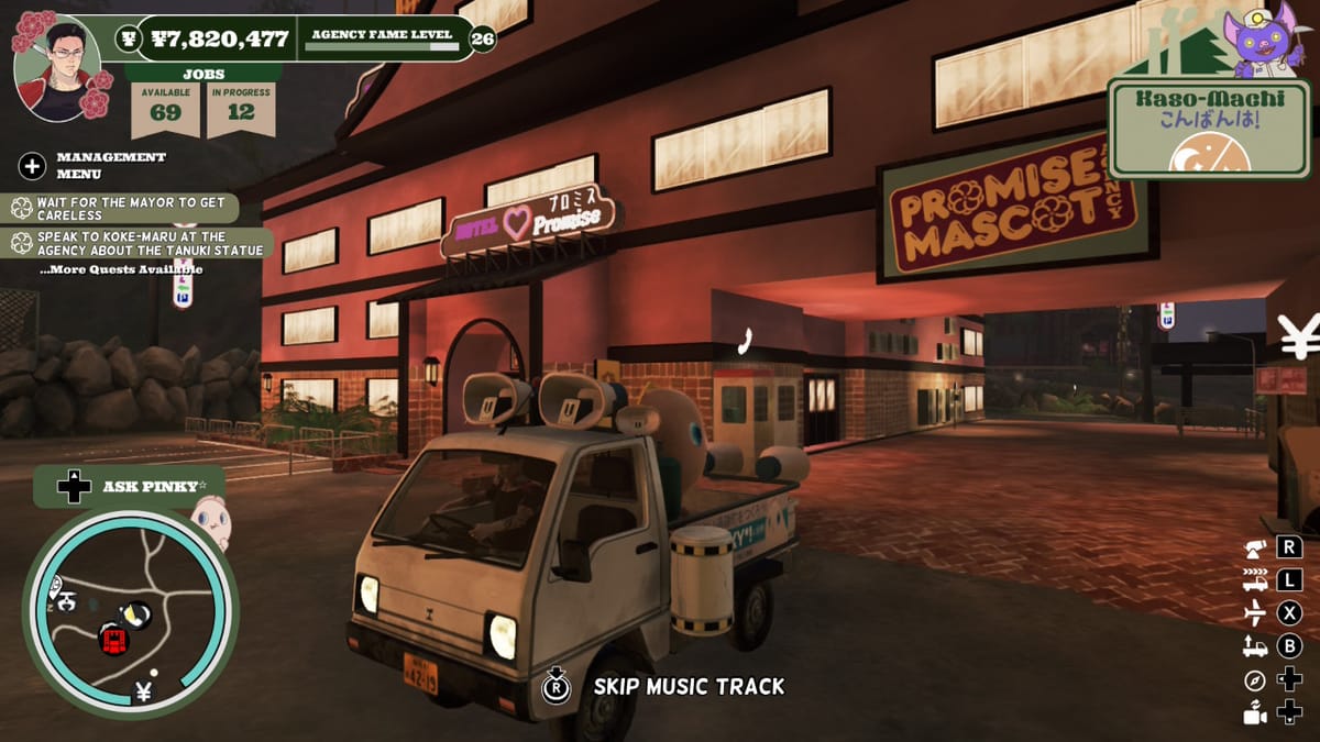 Screencap from Promise Mascot Agency featuring a HUD over the image of a truck in front of the love hotel/agency headquarters from the game.