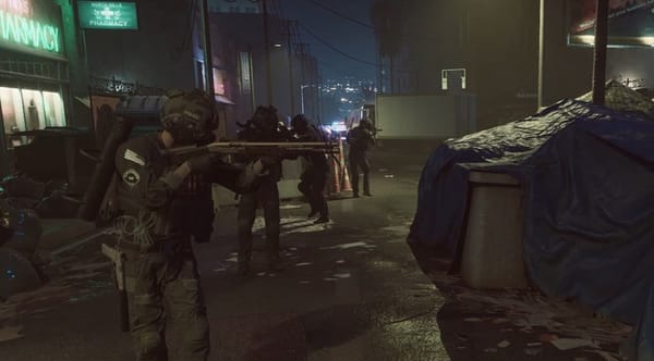 A videogameSWAT cop holds a shotgun out next to what looks like an unhoused person's tent on a street.